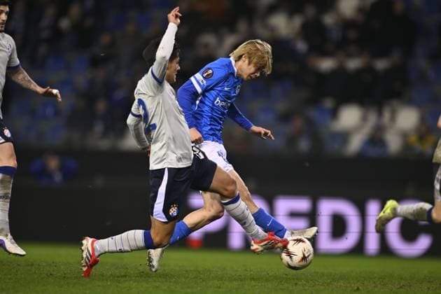 Genk s Junya Ito scores a goal during a soccer game between Belgian team KRC Genk and Croatian GNK Dinamo Zagreb, Thursday 26 February 2026 in Genk, in the play-off for the knockout phase of the UEFA Europa League tournament. Genk won the first leg 1-3. JOHAN EYCKENS JohanxEyckens  x165492186x