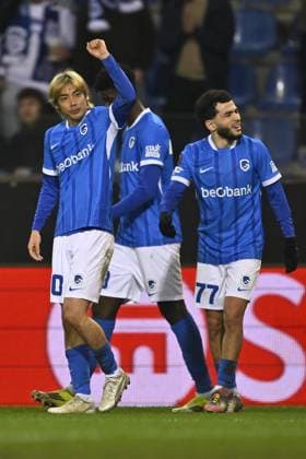 Genk s Junya Ito celebrates after scoring during a soccer game between Belgian team KRC Genk and Croatian GNK Dinamo Zagreb, Thursday 26 February 2026 in Genk, in the play-off for the knockout phase of the UEFA Europa League tournament. Genk won the first leg 1-3. JOHAN EYCKENS JohanxEyckens  x165492660x