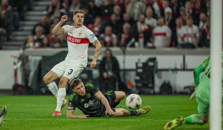 GER, Stuttgart, VfB Stuttgart vs Celtic Glasgow, Europa League, Football, UEFA, Season 2025 2026, MHP Arena, Playoffs, Second leg in picture v l Dane Murray Celtic Glasgow 47 , Ramon Hendriks VfB Stuttgart 3 , Goal shot DFB DFL REGULATIONS PROHIBIT ANY USE OF PHOTOGRAPHS AS IMAGE SEQUENCES AND OR QUASI VIDEO, 26 02 2026 Copyright: HMBxMedia HendrikxHamelau
