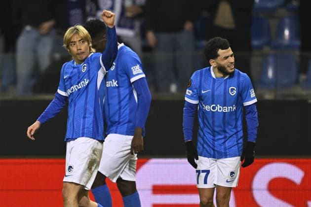 Genk s Junya Ito celebrates after scoring during a soccer game between Belgian team KRC Genk and Croatian GNK Dinamo Zagreb, Thursday 26 February 2026 in Genk, in the play-off for the knockout phase of the UEFA Europa League tournament. Genk won the first leg 1-3. JOHAN EYCKENS JohanxEyckens  x165492686x