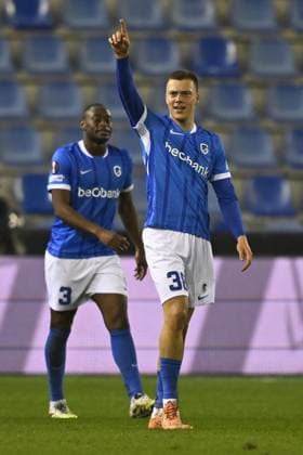 Genk s Daan Heymans celebrates after scoring during a soccer game between Belgian team KRC Genk and Croatian GNK Dinamo Zagreb, Thursday 26 February 2026 in Genk, in the play-off for the knockout phase of the UEFA Europa League tournament. Genk won the first leg 1-3. JOHAN EYCKENS JohanxEyckens  x165497717x