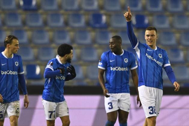 Genk s Daan Heymans celebrates after scoring during a soccer game between Belgian team KRC Genk and Croatian GNK Dinamo Zagreb, Thursday 26 February 2026 in Genk, in the play-off for the knockout phase of the UEFA Europa League tournament. Genk won the first leg 1-3. JOHAN EYCKENS JohanxEyckens  x165497729x