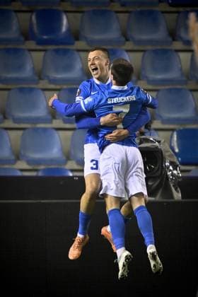 Genk s Daan Heymans and Genk s Jarne Steuckers celebrate after scoring during a soccer game between Belgian team KRC Genk and Croatian GNK Dinamo Zagreb, Thursday 26 February 2026 in Genk, in the play-off for the knockout phase of the UEFA Europa League tournament. Genk won the first leg 1-3. JOHAN EYCKENS JohanxEyckens  x165498097x