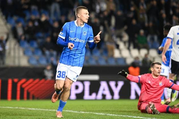 Genk s Daan Heymans celebrates after scoring during a soccer game between Belgian team KRC Genk and Croatian GNK Dinamo Zagreb, Thursday 26 February 2026 in Genk, in the play-off for the knockout phase of the UEFA Europa League tournament. Genk won the first leg 1-3. JILLxDELSAUX  x165498618x