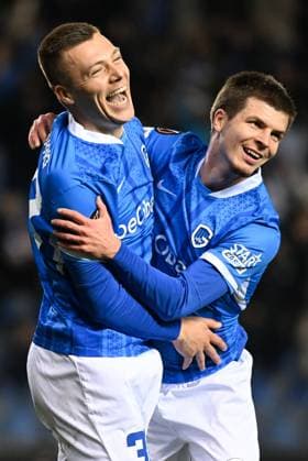 Genk s Daan Heymans celebrates after scoring during a soccer game between Belgian team KRC Genk and Croatian GNK Dinamo Zagreb, Thursday 26 February 2026 in Genk, in the play-off for the knockout phase of the UEFA Europa League tournament. Genk won the first leg 1-3. JILLxDELSAUX  x165499666x