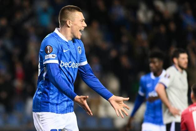 Genk s Daan Heymans celebrates after scoring during a soccer game between Belgian team KRC Genk and Croatian GNK Dinamo Zagreb, Thursday 26 February 2026 in Genk, in the play-off for the knockout phase of the UEFA Europa League tournament. Genk won the first leg 1-3. JILLxDELSAUX  x165499826x
