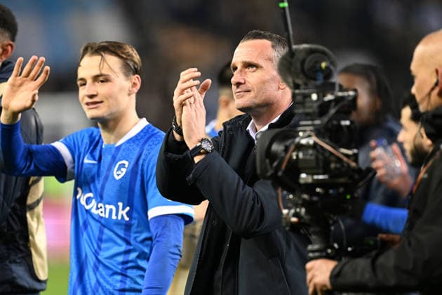 260226 KRC Genk vs Dinamo Zagreb Head Coach Nicky Hayen of Genk celebrates pictured during the second leg game in the Uefa Europa League season 2025-2026 Knock Out Phase between KRC Genk and Dinamo Zagreb from Croatia on February 27 , 2026 in Genk, Belgium. (Photo by David Catry Isosport) Genk Belgium  Copyright: xDavidxCatryx 20260227DC2_4412