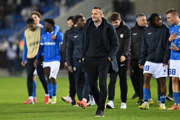 260226 KRC Genk vs Dinamo Zagreb Head Coach Nicky Hayen of Genk celebrates pictured during the second leg game in the Uefa Europa League season 2025-2026 Knock Out Phase between KRC Genk and Dinamo Zagreb from Croatia on February 27 , 2026 in Genk, Belgium. (Photo by David Catry Isosport) Genk Belgium  Copyright: xDavidxCatryx 20260227DC2_4243