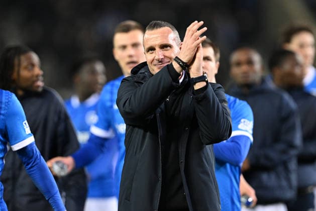 260226 KRC Genk vs Dinamo Zagreb Head Coach Nicky Hayen of Genk celebrates pictured during the second leg game in the Uefa Europa League season 2025-2026 Knock Out Phase between KRC Genk and Dinamo Zagreb from Croatia on February 27 , 2026 in Genk, Belgium. (Photo by David Catry Isosport) Genk Belgium  Copyright: xDavidxCatryx 20260227DC2_4358