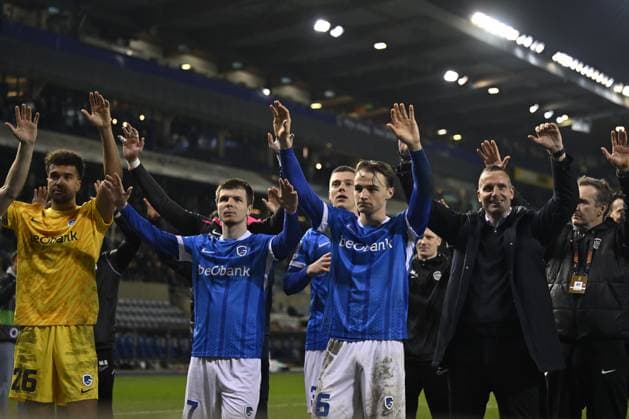 Genk s players celebrate after winning a soccer game between Belgian team KRC Genk and Croatian GNK Dinamo Zagreb, Thursday 26 February 2026 in Genk, in the play-off for the knockout phase of the UEFA Europa League tournament. Genk won the first leg 1-3. JOHAN EYCKENS JohanxEyckens  x165503888x