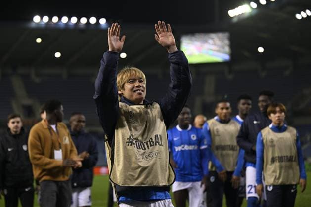 Genk s Junya Ito celebrates after winning a soccer game between Belgian team KRC Genk and Croatian GNK Dinamo Zagreb, Thursday 26 February 2026 in Genk, in the play-off for the knockout phase of the UEFA Europa League tournament. Genk won the first leg 1-3. JOHAN EYCKENS JohanxEyckens  x165503966x