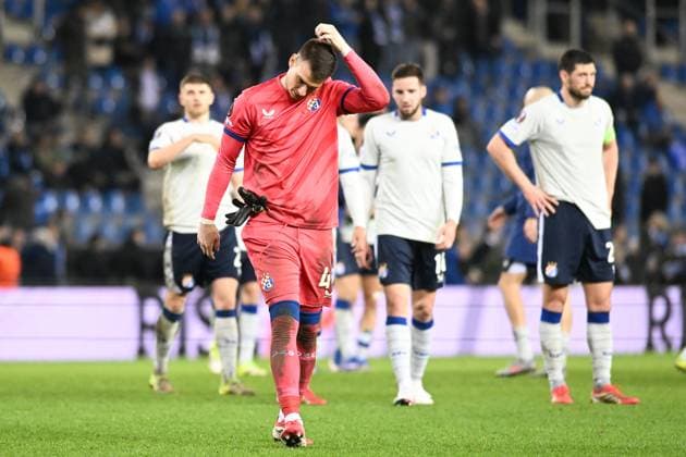 Dinamo s goalkeeper Dominik Livakovic looks dejected after a soccer game between Belgian team KRC Genk and Croatian GNK Dinamo Zagreb, Thursday 26 February 2026 in Genk, in the play-off for the knockout phase of the UEFA Europa League tournament. Genk won the first leg 1-3. JILLxDELSAUX  x165504103x