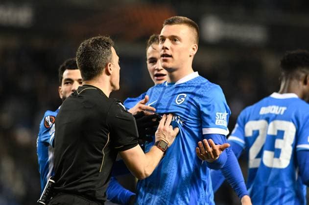 Genk s Daan Heymans celebrates after scoring during a soccer game between Belgian team KRC Genk and Croatian GNK Dinamo Zagreb, Thursday 26 February 2026 in Genk, in the play-off for the knockout phase of the UEFA Europa League tournament. Genk won the first leg 1-3. JILLxDELSAUX  x165504136x