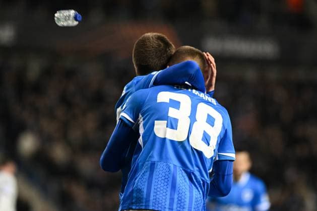 Genk s Daan Heymans celebrates after scoring during a soccer game between Belgian team KRC Genk and Croatian GNK Dinamo Zagreb, Thursday 26 February 2026 in Genk, in the play-off for the knockout phase of the UEFA Europa League tournament. Genk won the first leg 1-3. JILLxDELSAUX  x165504227x