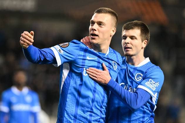 Genk s Daan Heymans celebrates after scoring during a soccer game between Belgian team KRC Genk and Croatian GNK Dinamo Zagreb, Thursday 26 February 2026 in Genk, in the play-off for the knockout phase of the UEFA Europa League tournament. Genk won the first leg 1-3. JILLxDELSAUX  x165504249x
