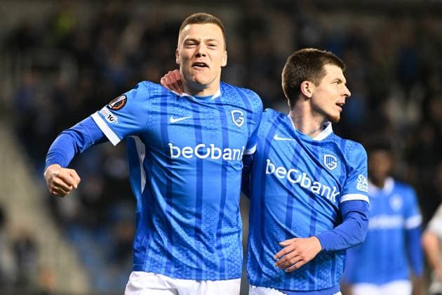 Genk s Daan Heymans celebrates after scoring during a soccer game between Belgian team KRC Genk and Croatian GNK Dinamo Zagreb, Thursday 26 February 2026 in Genk, in the play-off for the knockout phase of the UEFA Europa League tournament. Genk won the first leg 1-3. JILLxDELSAUX  x165504343x