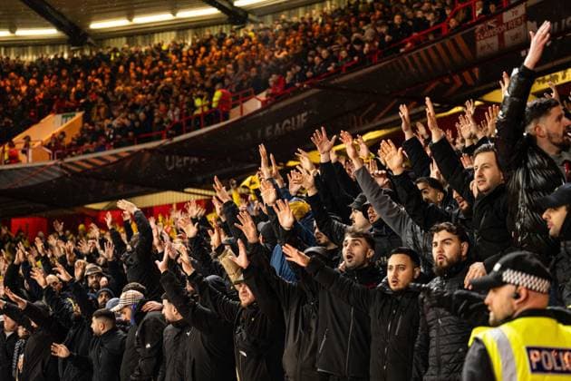 26th February 2026; The City Ground, Nottingham, England; UEFA Europa League Football, Nottingham Forest versus Fenerbahce; Fenerbahce SK fans celebrate with their team  GodfreyxPitt Content restricted for UK based newspaper
