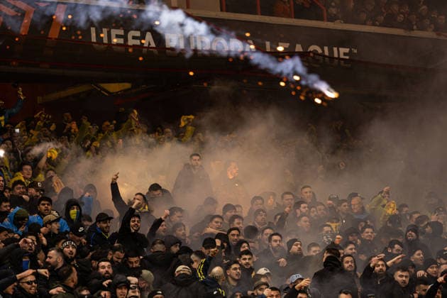 26th February 2026; The City Ground, Nottingham, England; UEFA Europa League Football, Nottingham Forest versus Fenerbahce; A flare is thrown by Fenerbahce SK fans  GodfreyxPitt Content restricted for UK based newspaper