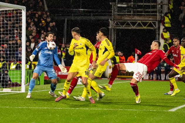 26th February 2026; The City Ground, Nottingham, England; UEFA Europa League Football, Nottingham Forest versus Fenerbahce; Stefan Ortega of Nottingham Forest stops the ball with his chest  GodfreyxPitt Content restricted for UK based newspaper