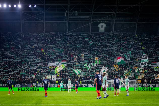 FERENCVAROS - LUDOGORETS Fans of Ferencvaros during the 2 nd leg of KO play off s of UEFA Europa league football match between Ferencvarosi TC and PFC Ludogorets Razgrad. Groupama Arena, Ferencvaros Arena, Budapest, Hungary, February 26, 2026. Photo by Branislav Racko Copyright: xx _BRR2767
