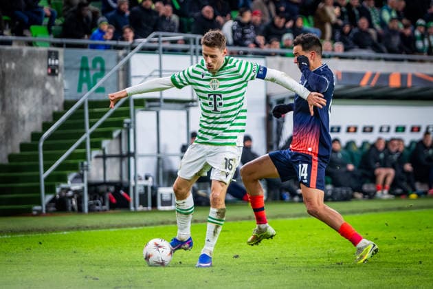 FERENCVAROS - LUDOGORETS Kristoffer Zachariassen of Ferencvaros and Petar Stanic of Ludogorets during the 2 nd leg of KO play off s of UEFA Europa league football match between Ferencvarosi TC and PFC Ludogorets Razgrad. Groupama Arena, Ferencvaros Arena, Budapest, Hungary, February 26, 2026. Photo by Branislav Racko Copyright: xx _BRR2771