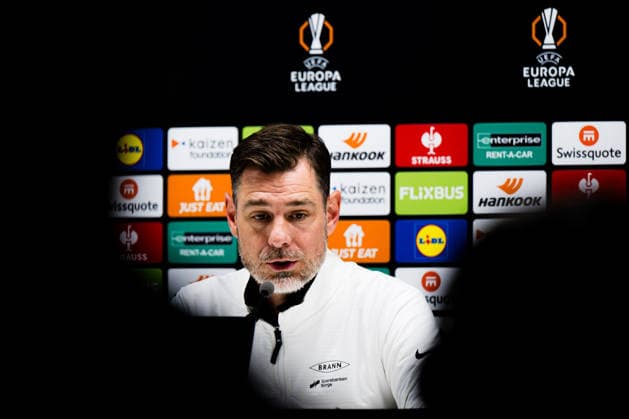 260226 Head coach Freyr Alexandersson of Brann at a press conference after the UEFA Europa League football match between Bologna and Brann on February 26, 2026 in Bologna Photo Marius Simensen BILDBYRAN COP 238 MM0058 bbeng bologna brann football fotball fotboll soccer uefa europa league  Copyright: MARIUSxSIMENSEN BB260226ZC023