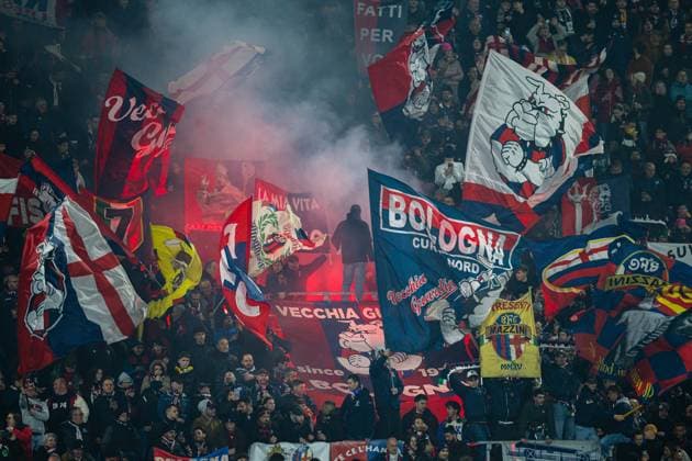 260226 Spectators in the stands ahead of the UEFA Europa League football match between Bologna and Brann on February 26, 2026 in Bologna Photo Marius Simensen BILDBYRAN COP 238 MM0058 bbeng bologna brann football fotball fotboll soccer uefa europa league  Copyright: MARIUSxSIMENSEN BB260226ZP015