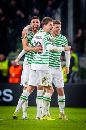 FERENCVAROS - LUDOGORETS Mariano Gomez, Toon Raemaekers, Gabor Szalai of Ferencvaros celebrate after the 2 nd leg of KO play off s of UEFA Europa league football match between Ferencvarosi TC and PFC Ludogorets Razgrad. Groupama Arena, Ferencvaros Arena, Budapest, Hungary, February 26, 2026. Photo by Branislav Racko Copyright: xx 080A8007