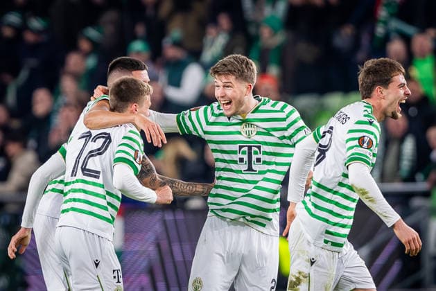 FERENCVAROS - LUDOGORETS Mariano Gomez, Toon Raemaekers, Gabor Szalai, Adam Madarasz of Ferencvaros celebrate after the 2 nd leg of KO play off s of UEFA Europa league football match between Ferencvarosi TC and PFC Ludogorets Razgrad. Groupama Arena, Ferencvaros Arena, Budapest, Hungary, February 26, 2026. Photo by Branislav Racko Copyright: xx 080A8025