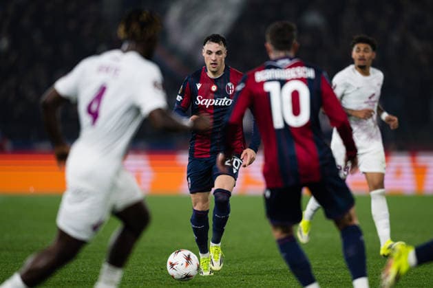 260226 Nadir Zortea of Bologna during the UEFA Europa League football match between Bologna and Brann on February 26, 2026 in Bologna Photo Marius Simensen BILDBYRAN COP 238 MM0058 bbeng bologna brann football fotball fotboll soccer uefa europa league  Copyright: MARIUSxSIMENSEN BB260226ZP019