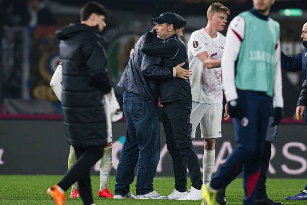 260226 Eivind Helland of Bologna and head coach Freyr Alexandersson of Brann after the UEFA Europa League football match between Bologna and Brann on February 26, 2026 in Bologna Photo Marius Simensen BILDBYRAN COP 238 MM0058 bbeng bologna brann football fotball fotboll soccer uefa europa league  Copyright: MARIUSxSIMENSEN BB260226ZK019