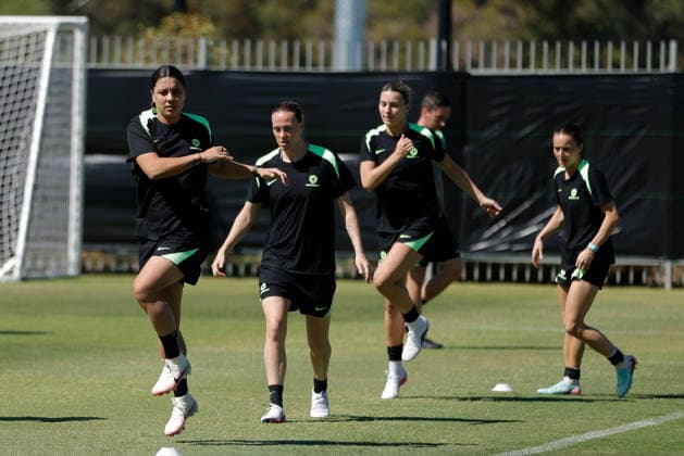 SOCCER MATILDAS TRAINING, Sam Kerr of Australia is seen with teammates during a Matildas training session at Sam Kerr Football Centre in Perth, Friday, February 27, 2026. ( NO ARCHIVING PERTH WESTERN AUSTRALIA AUSTRALIA  Copyright: xRICHARDxWAINWRIGHTx 20260227169723501089