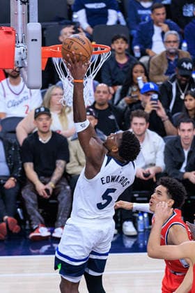 February 26, 2026, Inglewood, California, USA: Anthony Edwards 5 of the Minnesota Timberwolves puts up a layup during a NBA, Basketball Herren, USA regular season game against the Los Angeles Clippers on Thursday February 26, 2026 at Intuit Dome Arena in Inglewood, California. Clippers lose to Timberwolves, 88-94. JAVIER ROJAS PI Inglewood USA - ZUMAp124 20260226_zaa_p124_126 Copyright: xJavierxRojasx
