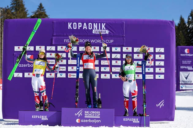 SKI CROSS - FIS SX WC Kopaonik KOPAONIK,SERBIA,27.FEB.26 - SKI CROSS - FIS World Cup, ladies, men. Image shows the rejoicing of Marielle Berger Sabbatel (FRA), Sandra Naeslund (SWE) and Jade Grillet Aubert (FRA).  GEPAxpictures xMaticxKlansek