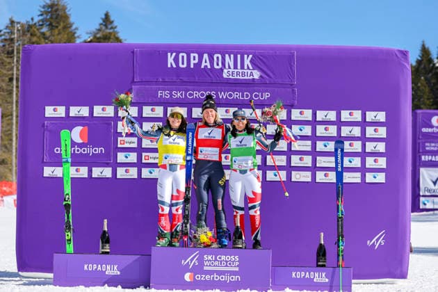SKI CROSS - FIS SX WC Kopaonik KOPAONIK,SERBIA,27.FEB.26 - SKI CROSS - FIS World Cup, ladies, men. Image shows the rejoicing of Marielle Berger Sabbatel (FRA), Sandra Naeslund (SWE) and Jade Grillet Aubert (FRA).  GEPAxpictures xMaticxKlansek