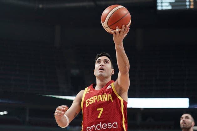 Ukraine Spain Basketball, Riga, Latvia, 27.02.2026, FIBA, basketball, Ukraine, Spain Jaime Fernandez of Spain in action during FIBA Basketball World Cup European qualifiers group A game between Ukraine and Spain in Riga, Latvia, 27.02.2026. Photo: Roman Koksarov (RKF) Riga Latvia Copyright: xRomanxKoksarovx RKO06338.JPG