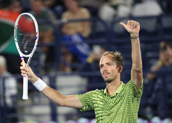 Daniil Medvedev cheers after the victory, Cheers, Joy, Emotion, Dubai Duty Free Tennis Championships, Dubai, U A E Tennis Dubai Tennis Championships 2026 ATP Dubai Duty Free Tennis Stadium Dubai United Arab Emirates 28 February 2026 Copyright: xJuergenxHasenkopfx
