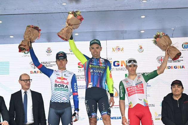 27-02-2026 Giro Di Sardegna; Tappa 03 Cagliari - Tortoli; 2026, Solution Tech - Nippo Rali; 2026, Red Bull - Bora Hansgrohe Rookies; 2026, Polti - Visitmalta; Rajovic, Dusan; Donati, Davide; Penalver Aniorte, Manuel; Tortoli; 