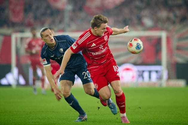 DUSSELDORF, GERMANY - 27 FEBRUARY, 2026: Noah Loosli, Christian Rasmussen - The football match 2. Bundesliga Fortuna Duesseldorf - VfL Bochum 1848 at Merkur Spiel Arena.  Copyright: xVITALIIxKLIUIEVx