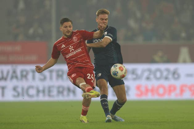 Florent Muslija Fortuna Düsseldorf and Leandro Noel Morgalla VfL Bochum battle for the ball during the 2 Bundesliga match between Fortuna Düsseldorf and VfL Bochum, Merkur Spiel Arena on February 27, 2026 in Düsseldorf, Germany Photo by Oliver Kaelke DeFodi Images Florent Muslija Fortuna Düsseldorf and Leandro Noel Morgalla VfL Bochum battle for the ball during the 2 Bundesliga match between Fortuna Düsseldorf and VfL Bochum at Merkur Spiel Arena on February 27, 2026 in Düsseldorf, Germany Photo by Oliver Kaelke DeFodi Images Photo by Oliver Kaelke DeFodi Images