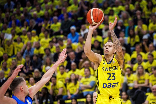260227 Pierre Hampton of Sweden during the FIBA World Cup Qualifier game between Sweden and Estonia on February 27, 2026 in Stockholm Photo Kenta Jönsson BILDBYRAN COP 210 KJ0314 basketball vm kval kval fiba world cup qualifiers sverige estland sweden estonia bbeng  Copyright: KENTAxJÖNSSON BB260227KJ032