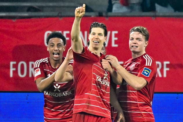 Cedric Itten Duesseldorf 13 celebrates after scoring 1 0 with Sima Suso Duesseldorf 46 Christian Rasmussen Duesseldorf 10 27 02 2026 ¢ Football ¢ Fortuna Duesseldorf vs VfL Bochum, Merkur Spiel Arena, Duesseldorf, DFB DFL REGULATIONS PROHIBIT ANY USE OF PHOTOGRAPHS AS IMAGE SEQUENCES AND OR QUASI VIDEO Copyright: xpepphotox xSaschaxWeizx pep00321, pep_20260227_hm_292212