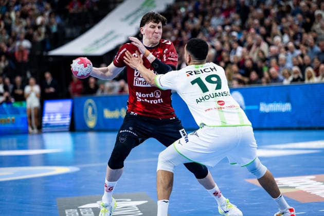 DAIKIN HBL SG Flensburg Handewitt vs HSG Wetzlar 27 02 26 Lasse Kjaer Moller Nr 64, SG Flensburg Handewitt vs Philipp Ahouansou Nr 19, HSG Wetzlar DAIKIN HBL SG Flensburg Handewitt vs HSG Wetzlar, GP JOULE Arena on 27 02 26 Copyright: xBEAUTIFULxSPORTS MarioxM.xKobergx