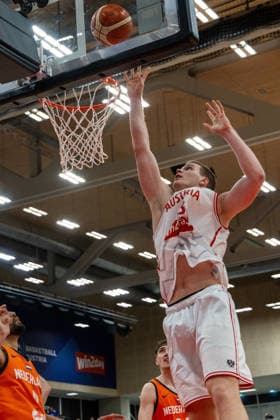 BASKETBALL - FIBA WC Quali, AUT vs NED VIENNA,AUSTRIA,27.FEB.26 - BASKETBALL - FIBA Basketball World Cup 2027,Qualifiers, international match, Länderspiel, Nationalmannschaft Austria vs Netherlands. Image shows Fynn Scott (AUT).  GEPAxpictures xPhilippxBrem