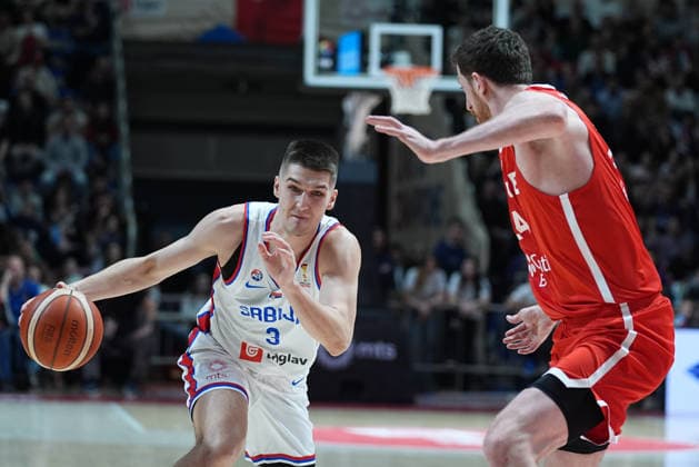 Serbia v Turkiye - 2027 World Cup European Qualifiers BELGRADE, SERBIA - FEBRUARY 27: Ercan Osmani (R) of Turkiye in action against Stefan Miljenovic (3) of Serbia during the 2027 World Cup European Qualifiers Group C third match between Serbia and Turkiye at the Aleksandar Nikolic Sports Hall in Belgrade, Serbia, on February 27, 2026. Adem Kutucu Anadolu Belgrade Serbia. Editorial use only. Please get in touch for any other usage.  Copyright: x2026xAnadoluxAdemxKutucux