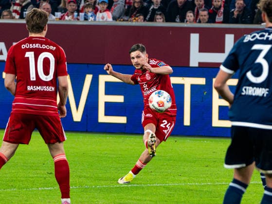 Florent Muslija Fortuna Duesseldorf, 24 with the shot on goal for the 2 0 goal Fortuna Duesseldorf vs VfL Bochum 1848, Football, 2 Bundesliga, Matchday 24, Season 2025 2026, 27 02 2026 DFL REGULATIONS PROHIBIT ANY USE OF PHOTOGRAPHS AS IMAGE SEQUENCES AND OR QUASI VIDEO, Fortuna Duesseldorf vs VfL Bochum 1848, Football, 2 Bundesliga, Matchday 24, Season 2025 2026, 27 02 2026 Duesseldorf Copyright: xEibner-Pressefoto DamianxKruczynx EP_DKI