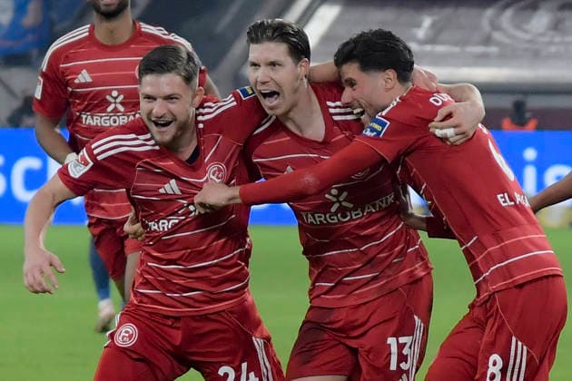 Florent Muslija Duesseldorf 24 celebrates after scoring the 2-0 goal with Cedric Itten Duesseldorf 13 Anouar El Azzouzi Duesseldorf 8 27 02 2026 ¢ Football ¢ Fortuna Duesseldorf vs VfL Bochum, Merkur Spiel Arena, Duesseldorf, DFB DFL REGULATIONS PROHIBIT ANY USE OF PHOTOGRAPHS AS IMAGE SEQUENCES AND OR QUASI VIDEO Copyright: xpepphotox xSaschaxWeizx pep00321, pep_20260227_hm_292462