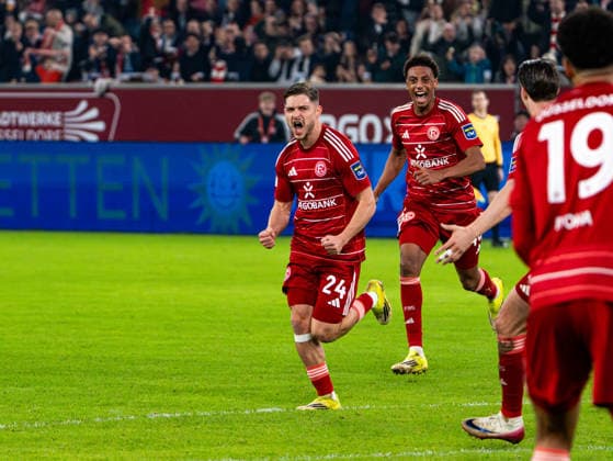 Goal celebration of Florent Muslija Fortuna Duesseldorf, 24 after the 2 0 goal Fortuna Duesseldorf vs VfL Bochum 1848, Soccer, 2 Bundesliga, Matchday 24, Season 2025 2026, 27 02 2026 DFL REGULATES PROHIBIT ANY USE OF PHOTOGRAPHS AS IMAGE SEQUENCES AND OR QUASI VIDEO, Fortuna Duesseldorf vs VfL Bochum 1848, Football, 2 Bundesliga, Matchday 24, Season 2025 2026, 27 02 2026 Duesseldorf Copyright: xEibner-Pressefoto DamianxKruczynx EP_DKI