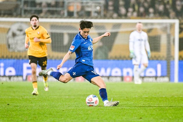 Soccer I Men I Season 2025 2026 I 2 Bundesliga I 24 Matchday I SG Dynamo Dresden SV Darmstadt 98 I 27 02 2026 Hiroki Akiyama 16, SV Darmstadt 98 plays the ball Crop, close-up, portrait, portrait, single photo, single image, body Dresden Rudolf Harbig Stadium Lennestr 12 Saxony Germany Copyright: xLobeca InesxHähnelx
