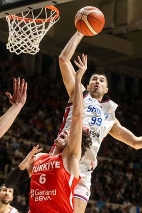 Serbia v Turkiye - 2027 World Cup European Qualifiers BELGRADE, SERBIA - FEBRUARY 27: Cedi Osman (6) of Turkiye in action against Luka Mitrovic (99) of Serbia during the 2027 World Cup European Qualifiers Group C third match between Serbia and Turkiye at the Aleksandar Nikolic Sports Hall in Belgrade, Serbia, on February 27, 2026. Filip Stevanovic Anadolu Belgrade Serbia. Editorial use only. Please get in touch for any other usage.  Copyright: x2026xAnadoluxFilipxStevanovicx